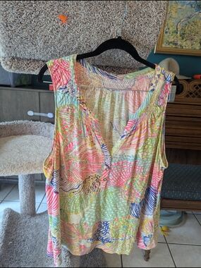 Lilly Pulitzer Multicolor Coral Pink Aqua Sleeveless V-Neck Tank